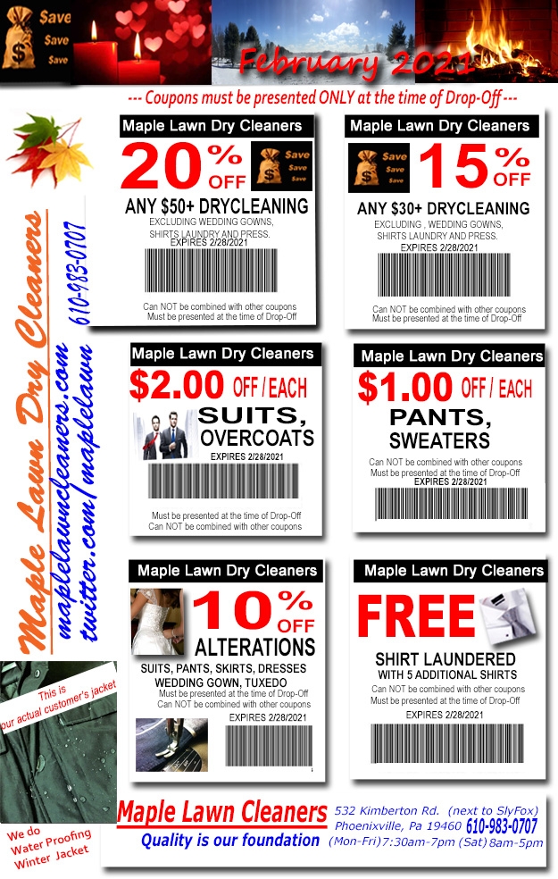 coupons/dry cleaners/phoenixville business Maple Lawn Dry Cleaners